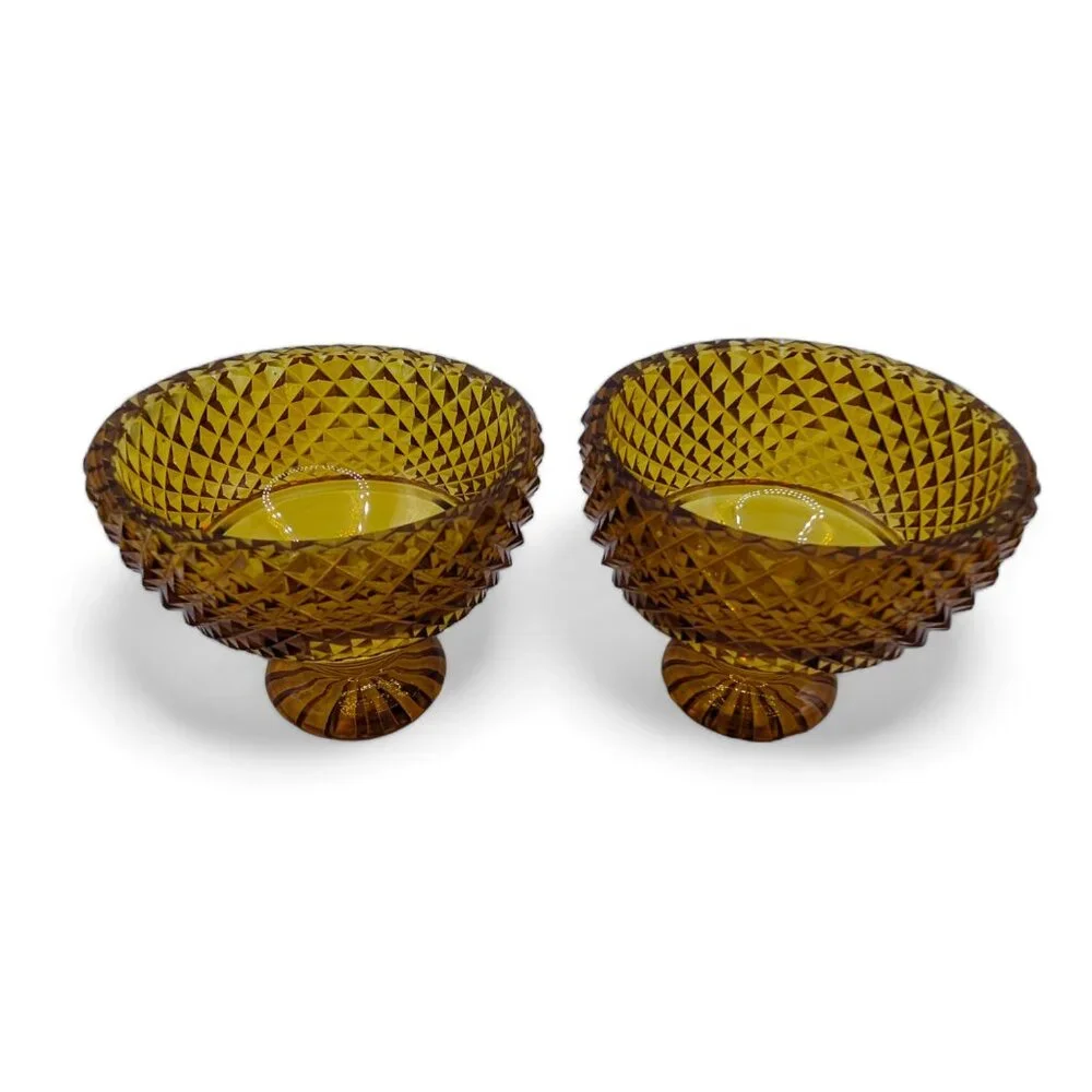 Vintage Amber Gold Glass Set of 2 Dessert Dish Cup Diamond Cut Design Bowls